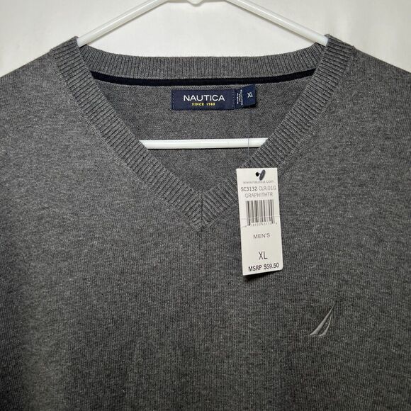Nautica V Neck Sweater Mens Size XL Gray Long Sleeve Embroidered Logo Knit NWT - Picture 2 of 10